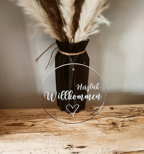 Herzlich Willkommen | Schild aus Acryl | personalisiertes Türschild | Acrylglasscheibe | Türkranz | Rund | Geschenkidee