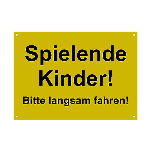 Hinweis Schild - Spielende Kinder - Bitte langsam fahren - Warnschild aus Kunststoff - Graviertes Schild in verschiedenen Größen
