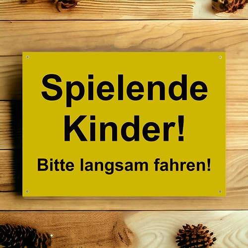 Hinweis Schild - Spielende Kinder - Bitte langsam fahren - Warnschild aus Kunststoff - Graviertes Schild in verschiedenen Größen