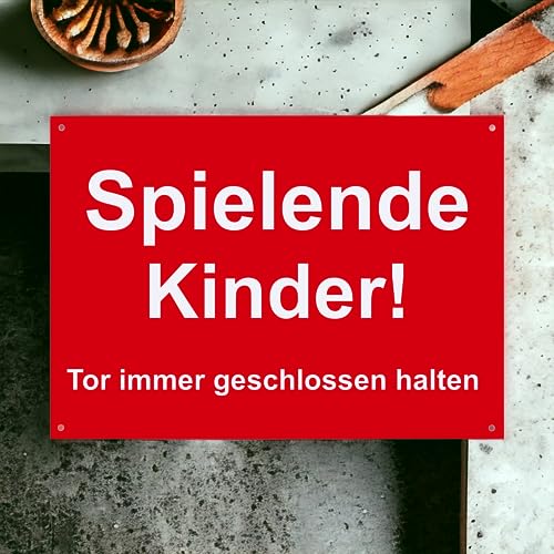 Hinweis Schild - Spielende Kinder - Tor immer geschlossen halten - Warnschild aus Kunststoff - Graviertes Schild in verschiedenen Größen