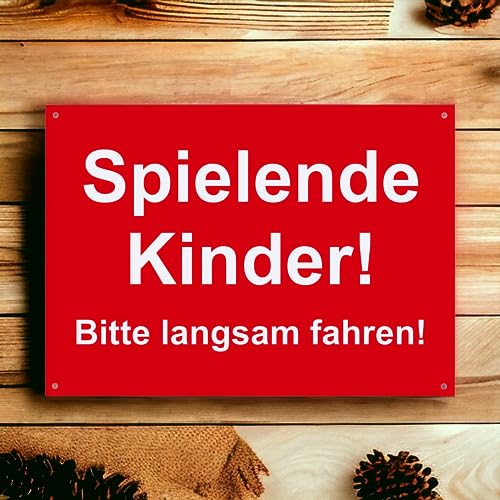 Hinweis Schild - Spielende Kinder - Bitte langsam fahren - Warnschild aus Kunststoff - Graviertes Schild in verschiedenen Größen