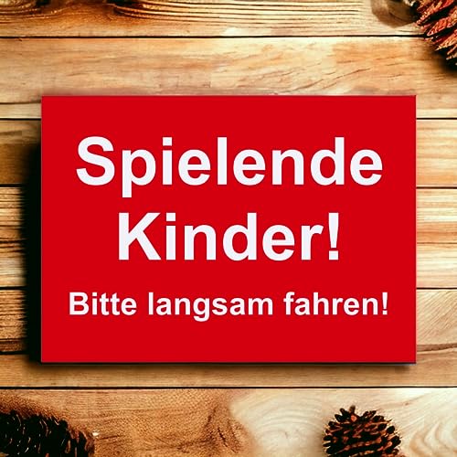 Hinweis Schild - Spielende Kinder - Bitte langsam fahren - Warnschild aus Kunststoff - Graviertes Schild in verschiedenen Größen