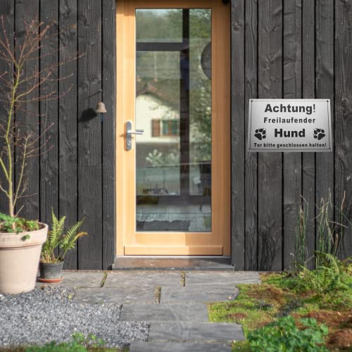 Warnschild Achtung Freilaufender Hund, Tor geschlossen halten, Schild Hundeschild Silber