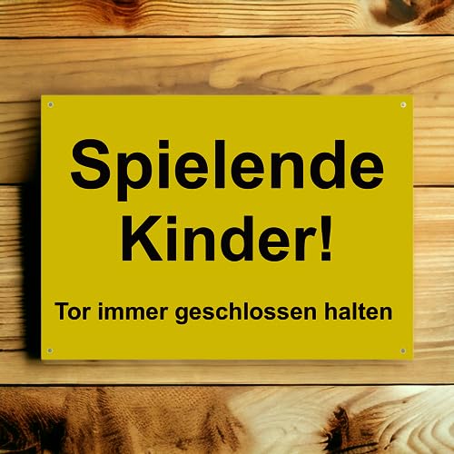 Hinweis Schild - Spielende Kinder - Tor immer geschlossen halten - Warnschild aus Kunststoff - Graviertes Schild in verschiedenen Größen