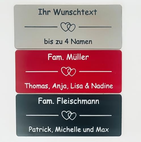 Klingelschild mit Strich und 2 Herzen und bis zu 4 Namen - selbstklebend -  MADE IN GERMANY