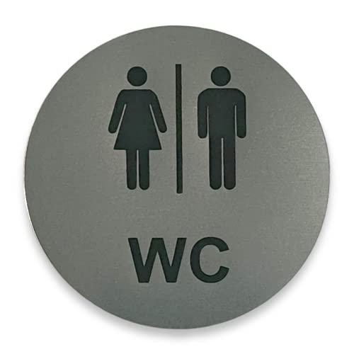 WC Schild Mann Frau Rund Selbstklebend Türschild Hinweisschild Klo Gravur Silber 100mm