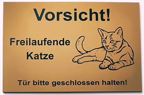 Warnschild Vorsicht Freilaufende Katze, Tür geschlossen halten, Schild Katzenschild Liegend Gold