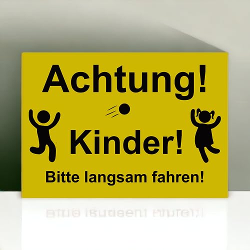 Hinweis Schild - Achtung Kinder - Bitte langsam fahren - Motiv mit Ball - Warnschild aus Kunststoff - Graviertes Schild in verschiedenen Größen