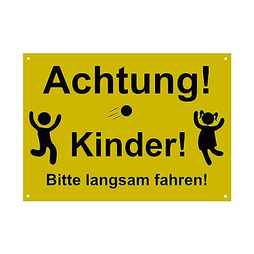 Hinweis Schild - Achtung Kinder - Bitte langsam fahren - Motiv mit Ball - Warnschild aus Kunststoff - Graviertes Schild in verschiedenen Größen