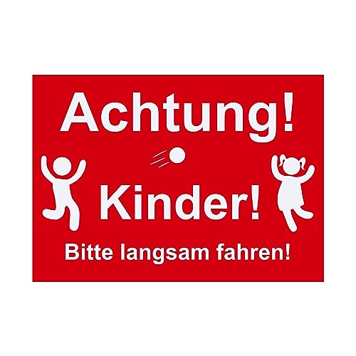 Hinweis Schild - Achtung Kinder - Bitte langsam fahren - Motiv mit Ball - Warnschild aus Kunststoff - Graviertes Schild in verschiedenen Größen