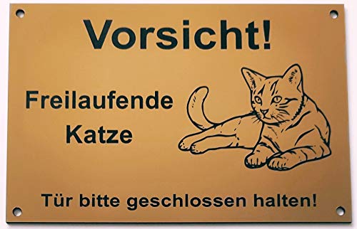 Warnschild Vorsicht Freilaufende Katze, Tür geschlossen halten, Schild Katzenschild Liegend Gold