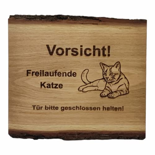 Warnschild Vorsicht Freilaufende Katze, Tür geschlossen halten, Holz Schild Katzenschild Liegend 30x27cm