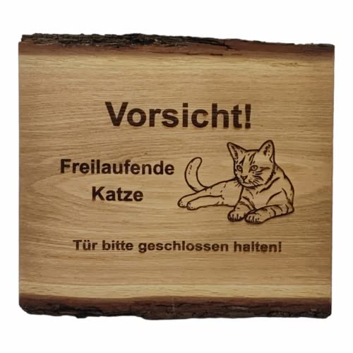 Warnschild Vorsicht Freilaufende Katze, Tür geschlossen halten, Holz Schild Katzenschild Liegend 40x33cm