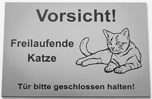 Warnschild Vorsicht Freilaufende Katze, Tür geschlossen halten, Schild Katzenschild Liegend Silber