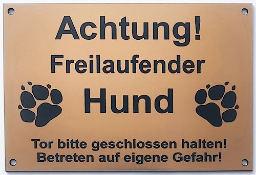 Warnschild Achtung Freilaufender Hund, Tor geschlossen, Betreten Verboten, Schild Hundeschild Gold