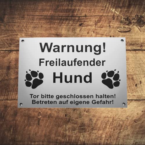 Warnschild Warnung Freilaufender Hund, Tor geschlossen, Betreten Verboten, Schild Hundeschild Silber