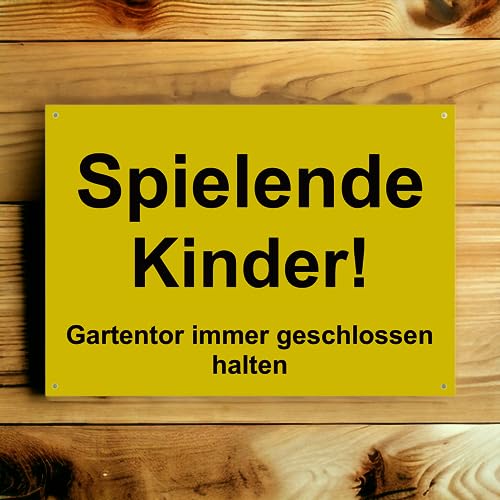 Hinweis Schild - Spielende Kinder - Gartentor immer geschlossen halten - Warnschild aus Kunststoff - Graviertes Schild in verschiedenen Größen