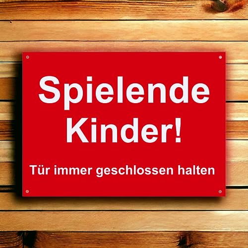 Hinweis Schild - Spielende Kinder - Tür immer geschlossen halten - Warnschild aus Kunststoff - Graviertes Schild in verschiedenen Größen