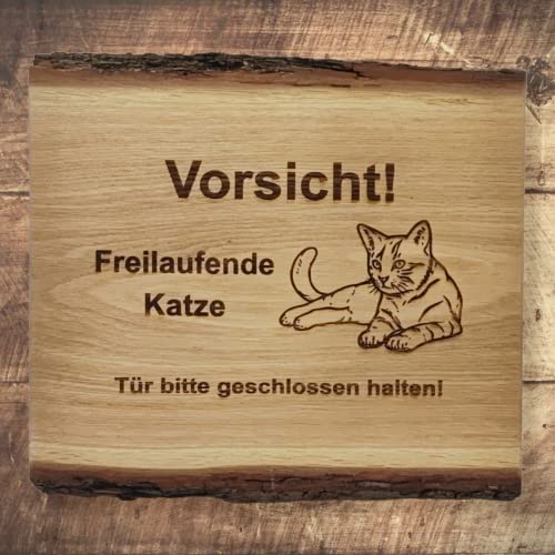 Warnschild Vorsicht Freilaufende Katze, Tür geschlossen halten, Holz Schild Katzenschild Liegend 30x27cm