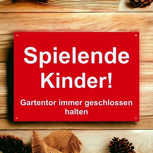 Hinweis Schild - Spielende Kinder - Gartentor immer geschlossen halten - Warnschild aus Kunststoff - Graviertes Schild in verschiedenen Größen